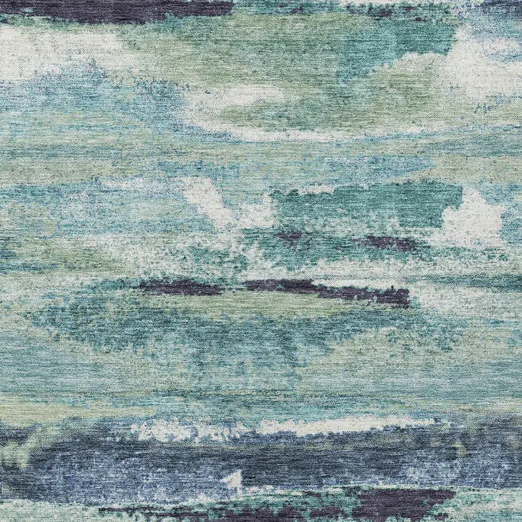 5' X 8' Sage Teal Blue And Navy Blue Abstract Washable Indoor Outdoor Area Rug