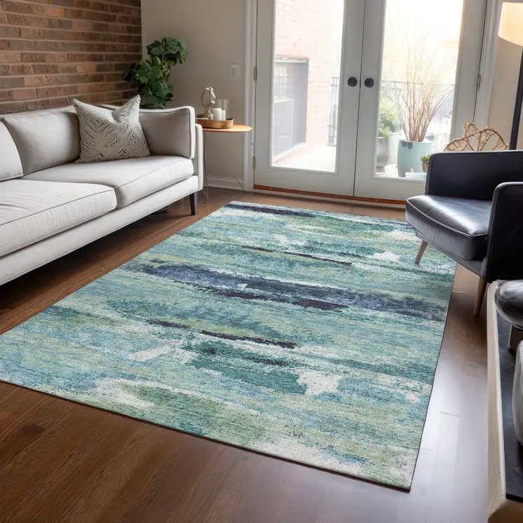 5' X 8' Sage Teal Blue And Navy Blue Abstract Washable Indoor Outdoor Area Rug