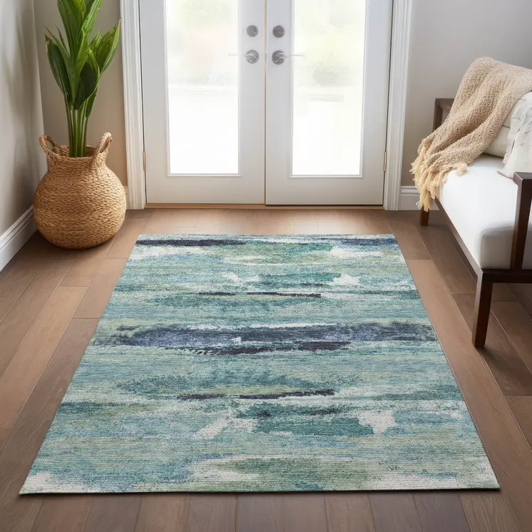 5' X 8' Sage Teal Blue And Navy Blue Abstract Washable Indoor Outdoor Area Rug