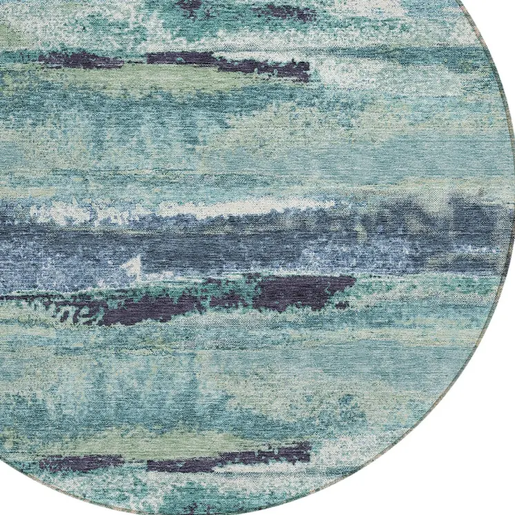 8' Sage Teal Blue And Navy Blue Round Abstract Washable Indoor Outdoor Area Rug
