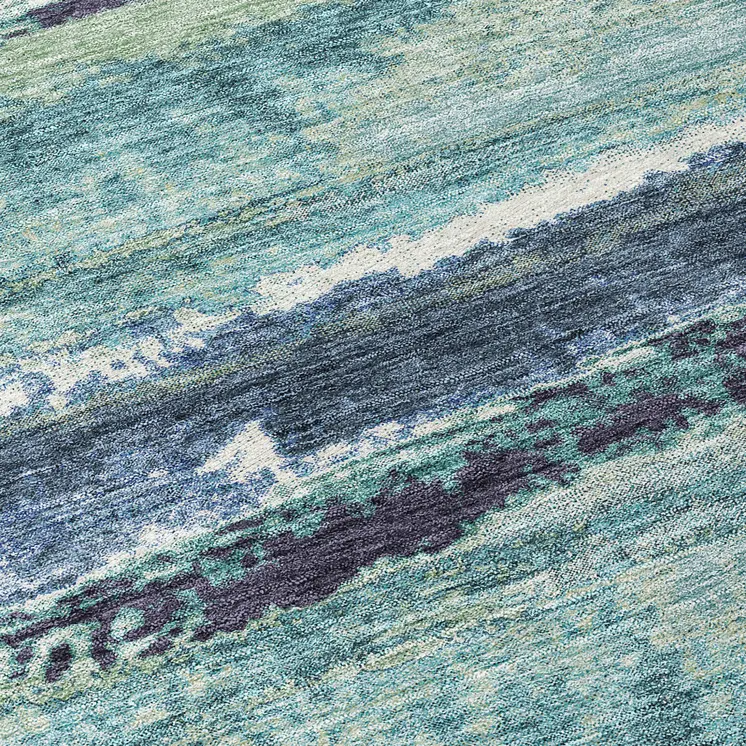 8' Sage Teal Blue And Navy Blue Round Abstract Washable Indoor Outdoor Area Rug