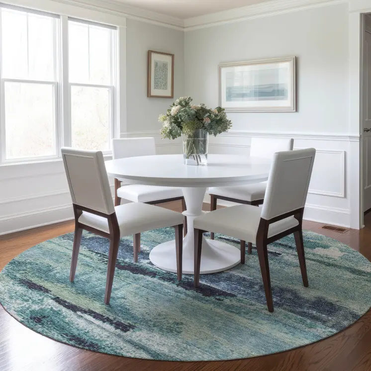8' Sage Teal Blue And Navy Blue Round Abstract Washable Indoor Outdoor Area Rug