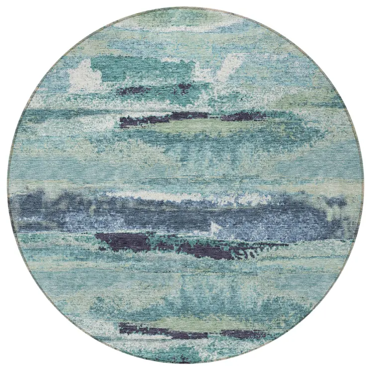 8' Sage Teal Blue And Navy Blue Round Abstract Washable Indoor Outdoor Area Rug