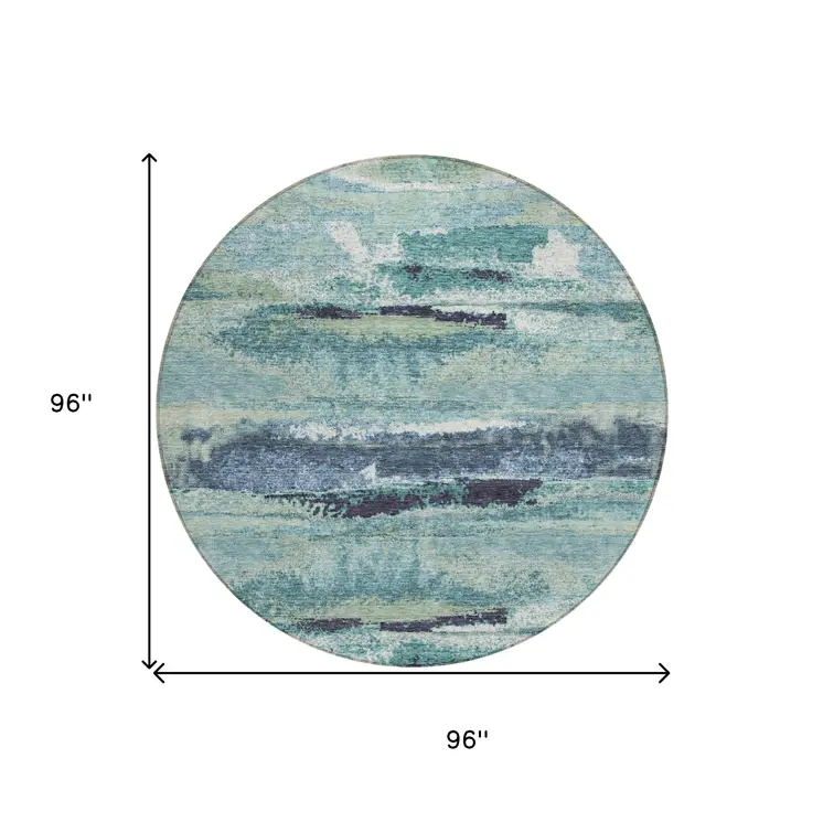 8' Sage Teal Blue And Navy Blue Round Abstract Washable Indoor Outdoor Area Rug