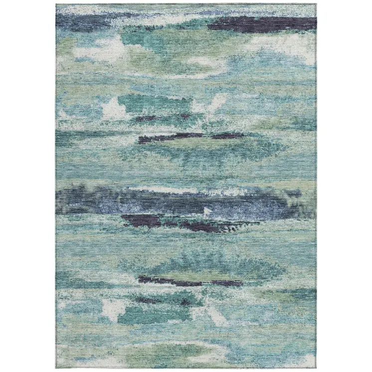 9' X 12' Sage Teal Blue And Navy Blue Abstract Washable Indoor Outdoor Area Rug