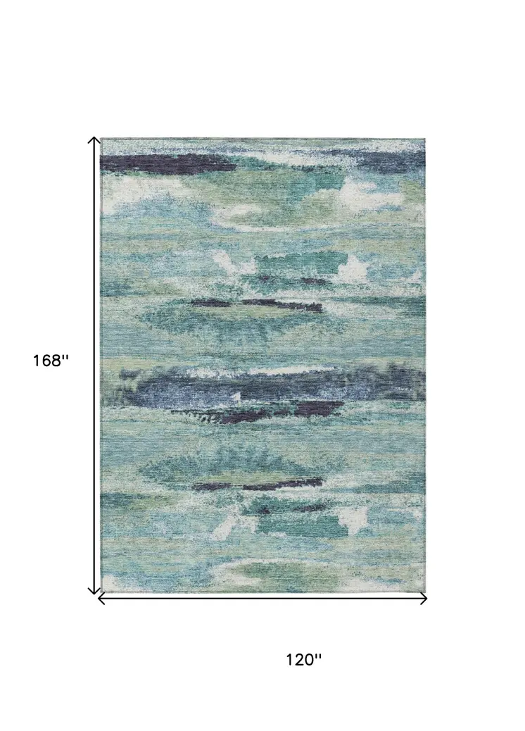 10' X 14' Sage Teal Blue And Navy Blue Abstract Washable Indoor Outdoor Area Rug