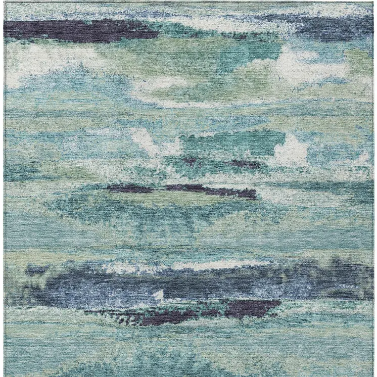 10' X 14' Sage Teal Blue And Navy Blue Abstract Washable Indoor Outdoor Area Rug