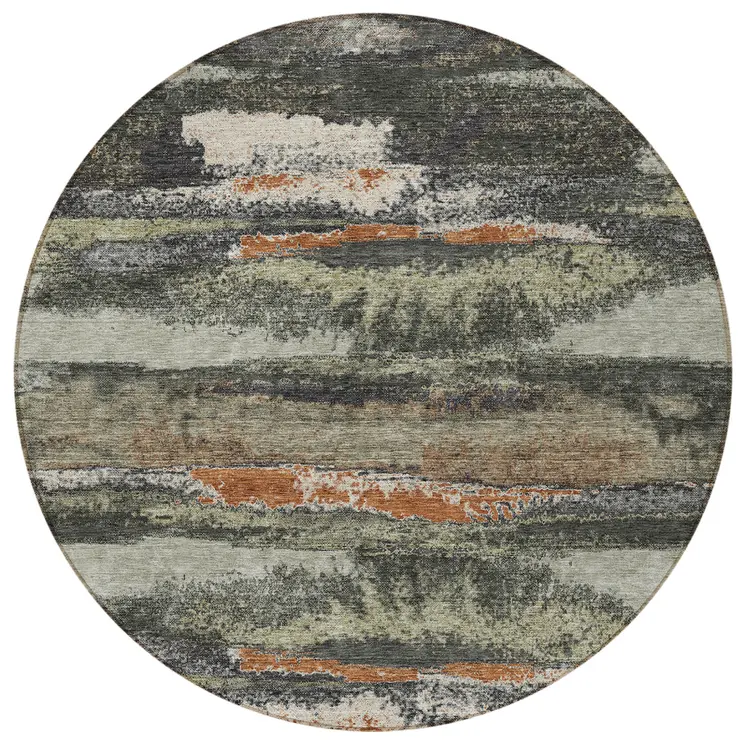 8' Charcoal Copper And Ivory Round Abstract Washable Indoor Outdoor Area Rug