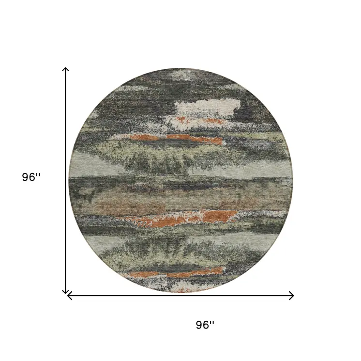 8' Charcoal Copper And Ivory Round Abstract Washable Indoor Outdoor Area Rug