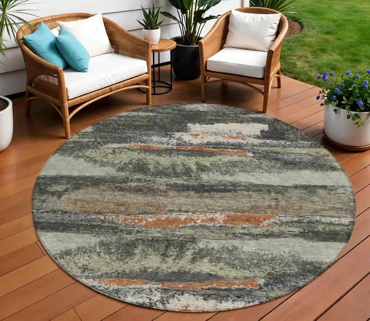 8' Charcoal Copper And Ivory Round Abstract Washable Indoor Outdoor Area Rug