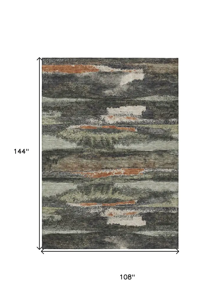 9' X 12' Charcoal Copper And Ivory Abstract Washable Indoor Outdoor Area Rug