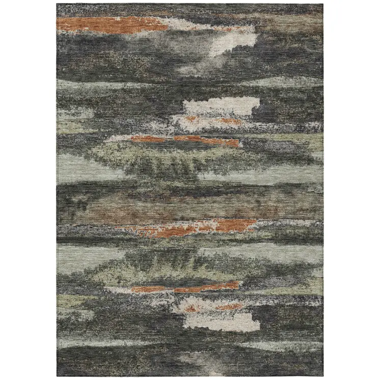 9' X 12' Charcoal Copper And Ivory Abstract Washable Indoor Outdoor Area Rug