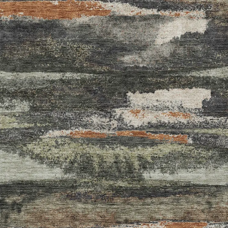 9' X 12' Charcoal Copper And Ivory Abstract Washable Indoor Outdoor Area Rug