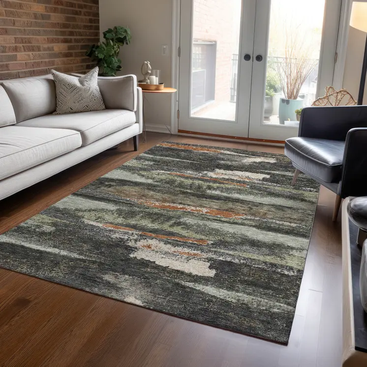 10' X 14' Charcoal Copper And Ivory Abstract Washable Indoor Outdoor Area Rug
