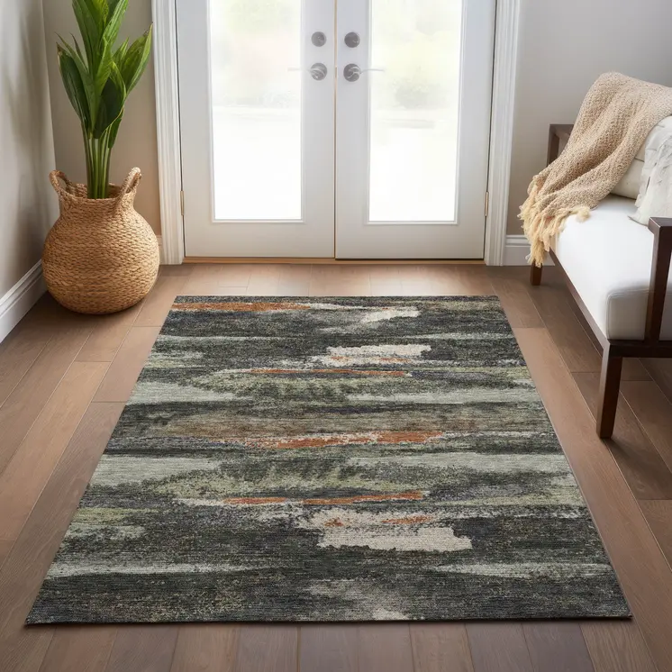 10' X 14' Charcoal Copper And Ivory Abstract Washable Indoor Outdoor Area Rug