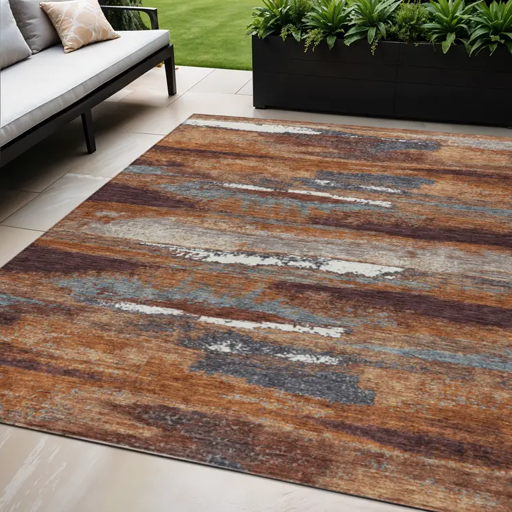 5' X 8' Copper Rust And Ivory Abstract Washable Indoor Outdoor Area Rug