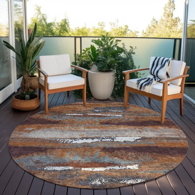 8' Copper Rust And Ivory Round Abstract Washable Indoor Outdoor Area Rug