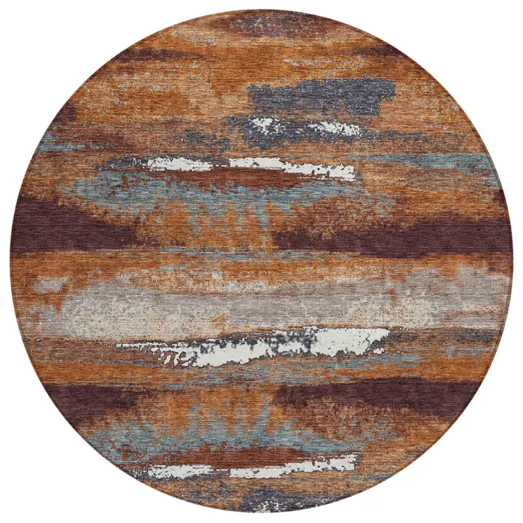 8' Copper Rust And Ivory Round Abstract Washable Indoor Outdoor Area Rug