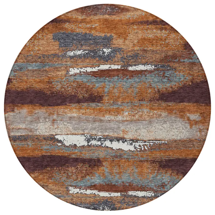 8' Copper Rust And Ivory Round Abstract Washable Indoor Outdoor Area Rug