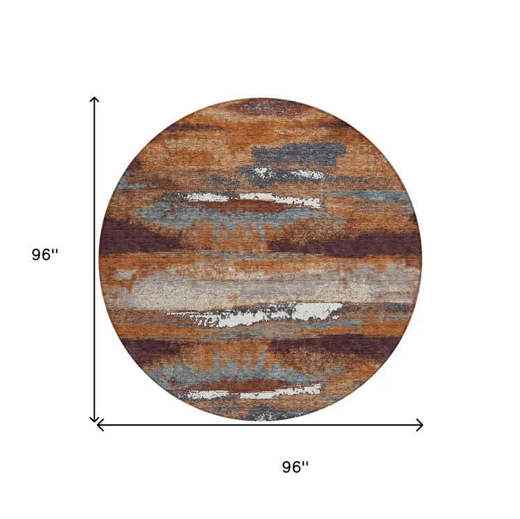 8' Copper Rust And Ivory Round Abstract Washable Indoor Outdoor Area Rug