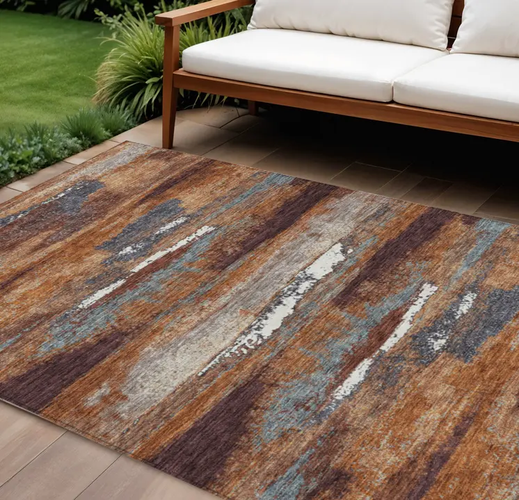 8' X 10' Copper Rust And Ivory Abstract Washable Indoor Outdoor Area Rug