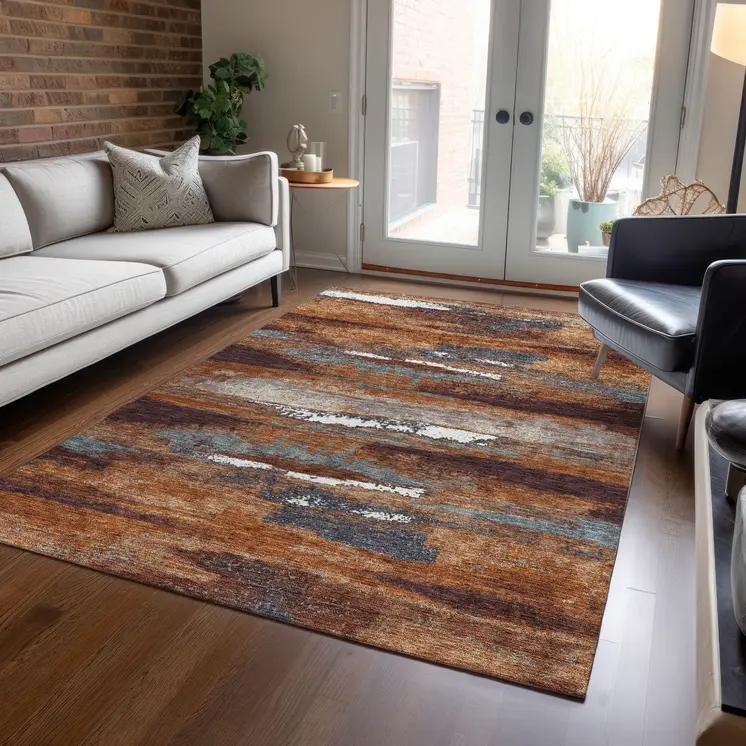 9' X 12' Copper Rust And Ivory Abstract Washable Indoor Outdoor Area Rug