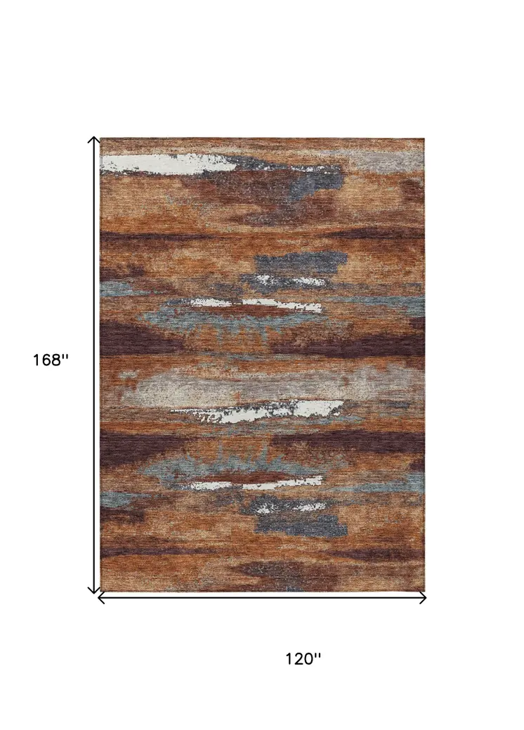 10' X 14' Copper Rust And Ivory Abstract Washable Indoor Outdoor Area Rug