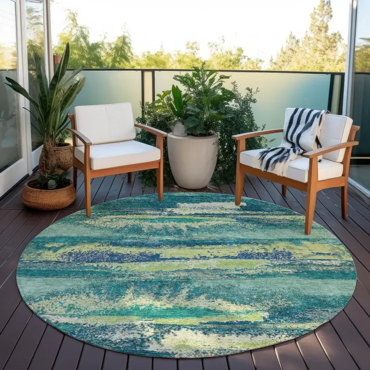 8' Emerald And Lime Green Round Abstract Washable Indoor Outdoor Area Rug