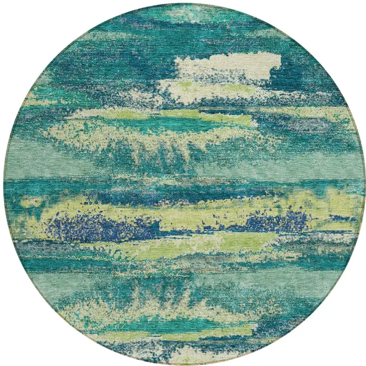 8' Emerald And Lime Green Round Abstract Washable Indoor Outdoor Area Rug