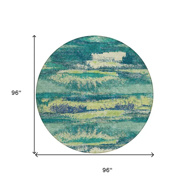8' Emerald And Lime Green Round Abstract Washable Indoor Outdoor Area Rug