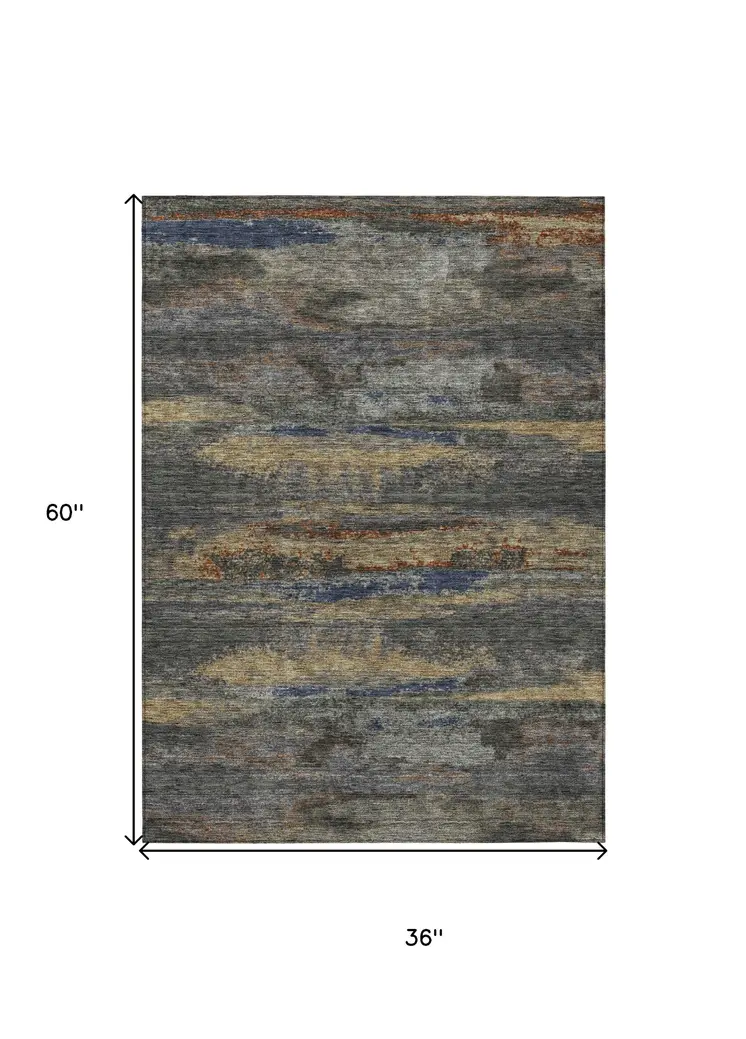 3' X 5' Graphite And Gray Abstract Washable Indoor Outdoor Area Rug