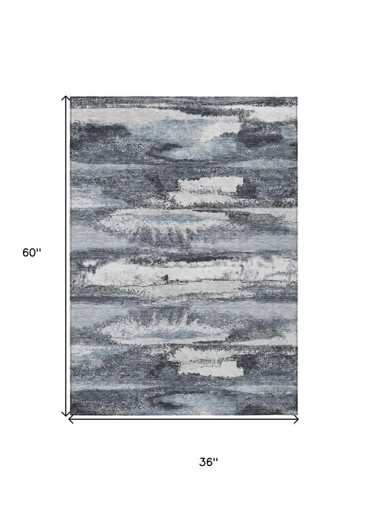 3' X 5' Gray And Silver Abstract Washable Indoor Outdoor Area Rug