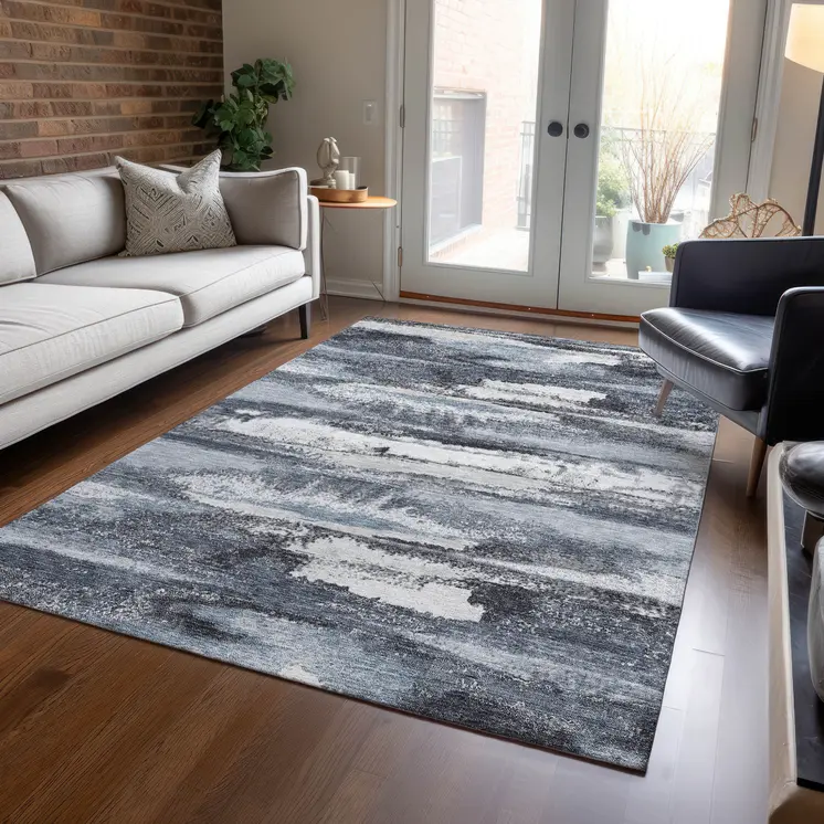 3' X 5' Gray And Silver Abstract Washable Indoor Outdoor Area Rug