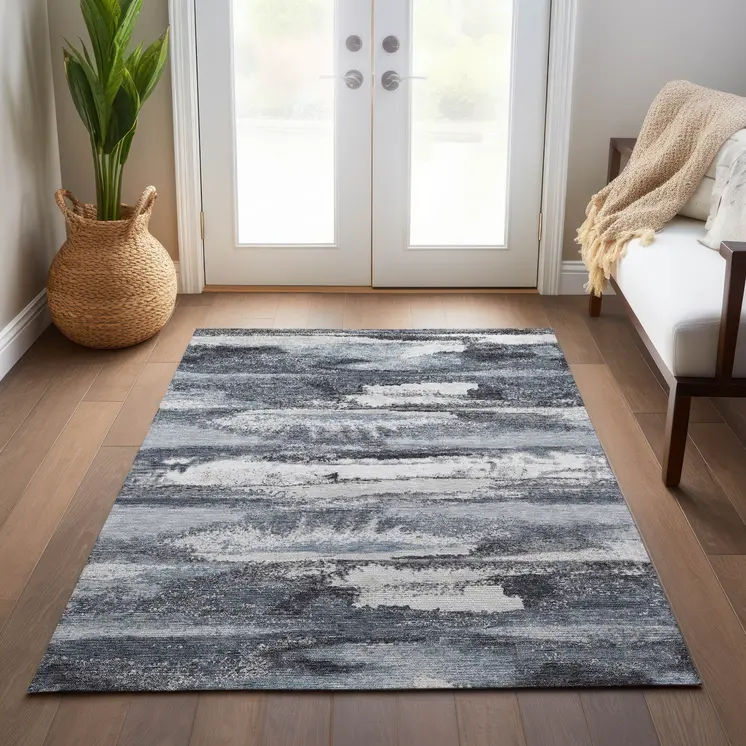 3' X 5' Gray And Silver Abstract Washable Indoor Outdoor Area Rug