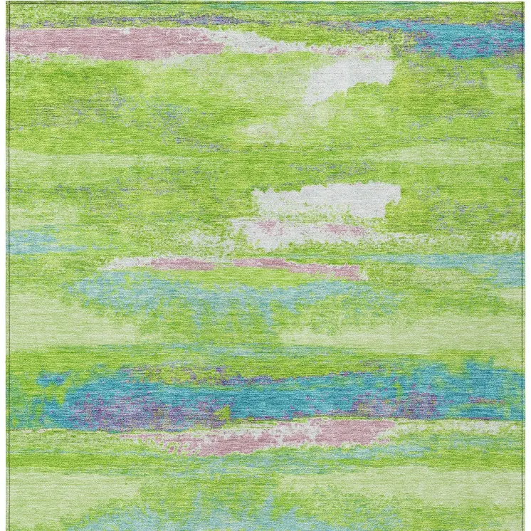 3' X 5' Lime Green And Sky Blue Abstract Washable Indoor Outdoor Area Rug