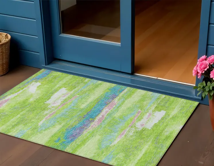 3' X 5' Lime Green And Sky Blue Abstract Washable Indoor Outdoor Area Rug