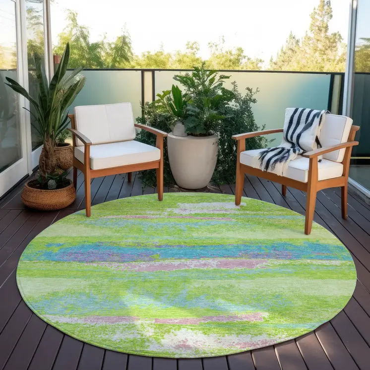 8' Lime Green And Sky Blue Round Abstract Washable Indoor Outdoor Area Rug