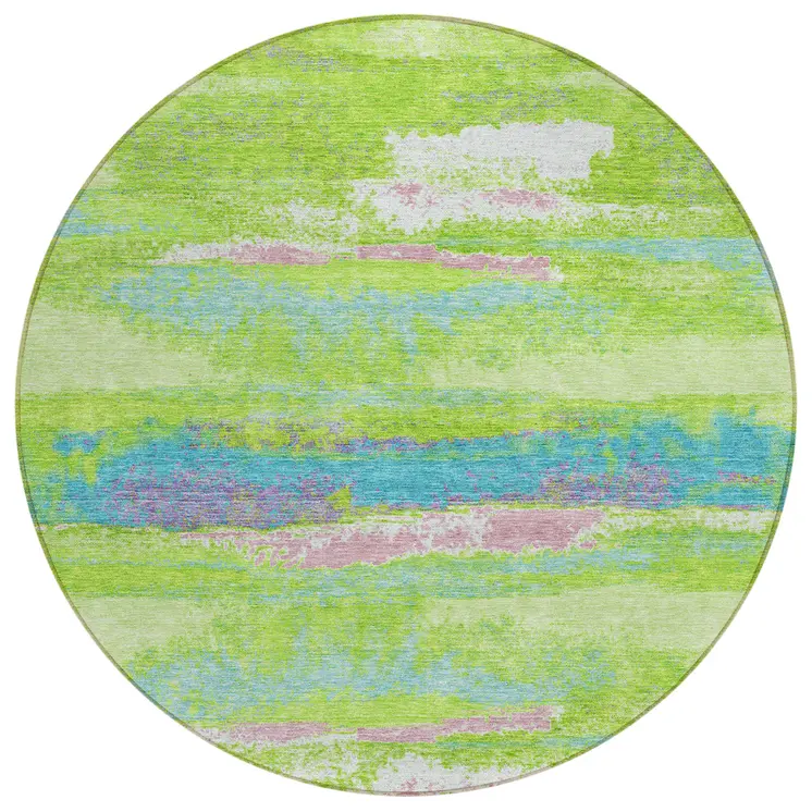 8' Lime Green And Sky Blue Round Abstract Washable Indoor Outdoor Area Rug