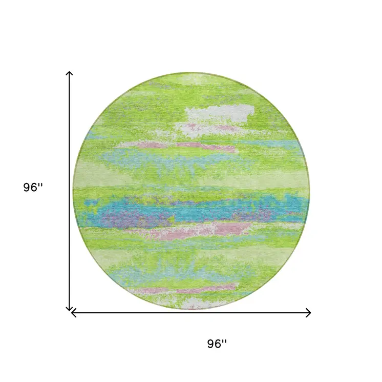 8' Lime Green And Sky Blue Round Abstract Washable Indoor Outdoor Area Rug