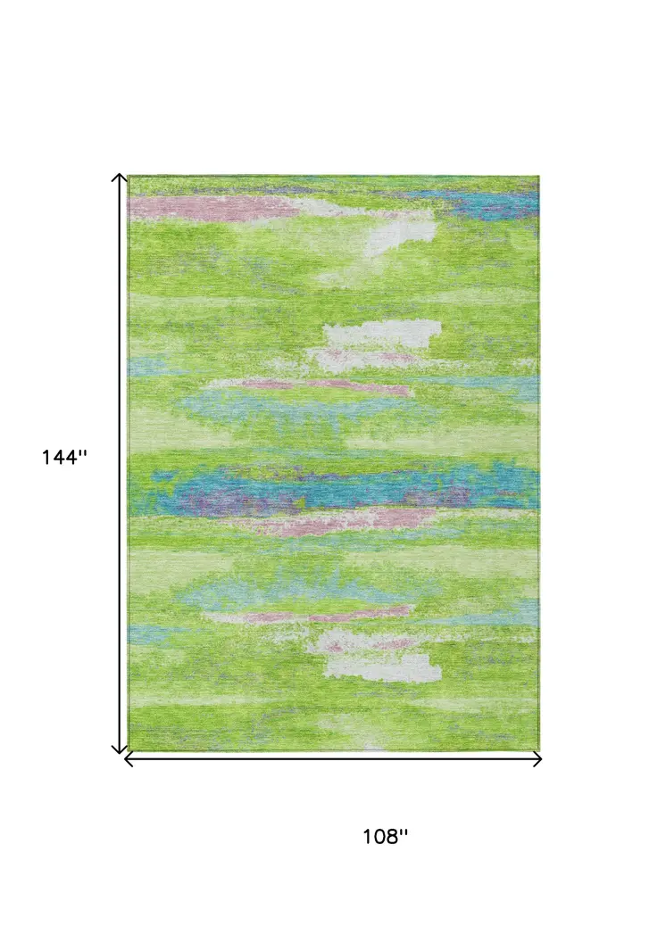 9' X 12' Lime Green And Sky Blue Abstract Washable Indoor Outdoor Area Rug
