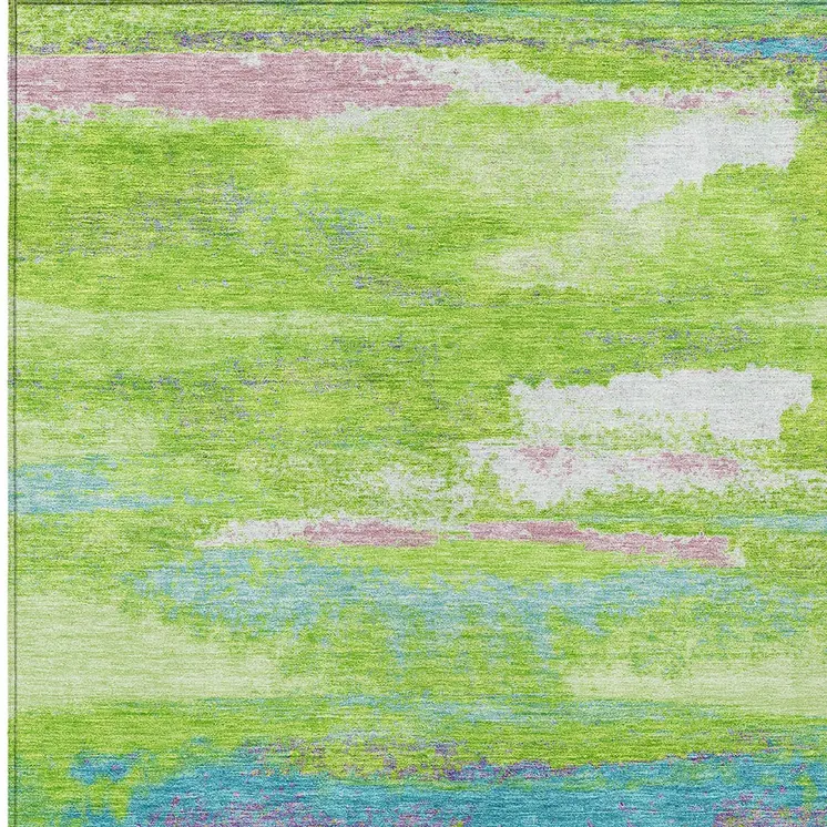 10' X 14' Lime Green And Sky Blue Abstract Washable Indoor Outdoor Area Rug