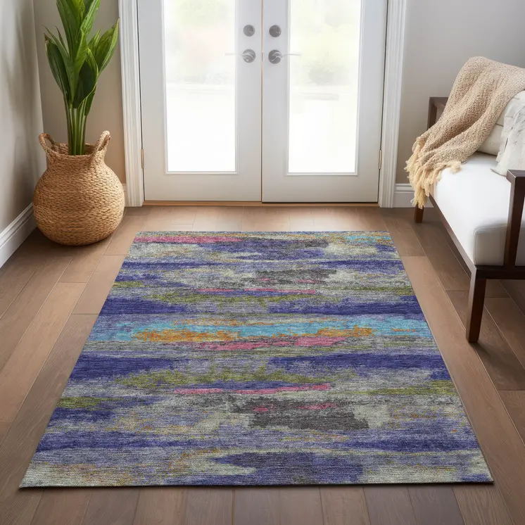 3' X 5' Lavender Pink And Blue Abstract Washable Indoor Outdoor Area Rug