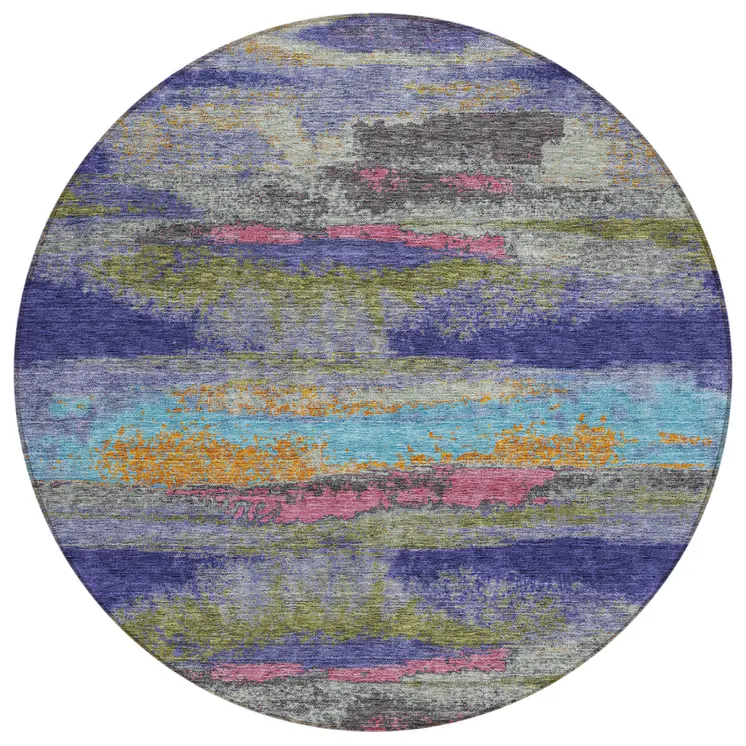 8' Lavender Pink And Blue Round Abstract Washable Indoor Outdoor Area Rug