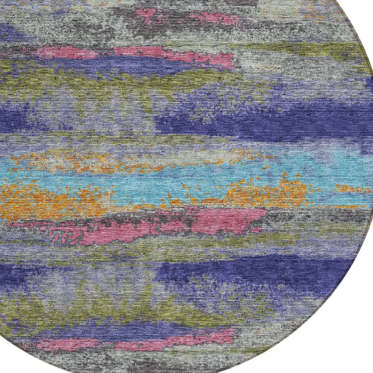 8' Lavender Pink And Blue Round Abstract Washable Indoor Outdoor Area Rug