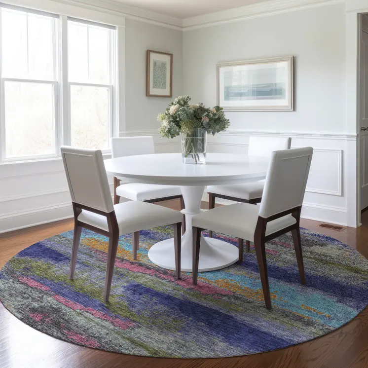 8' Lavender Pink And Blue Round Abstract Washable Indoor Outdoor Area Rug