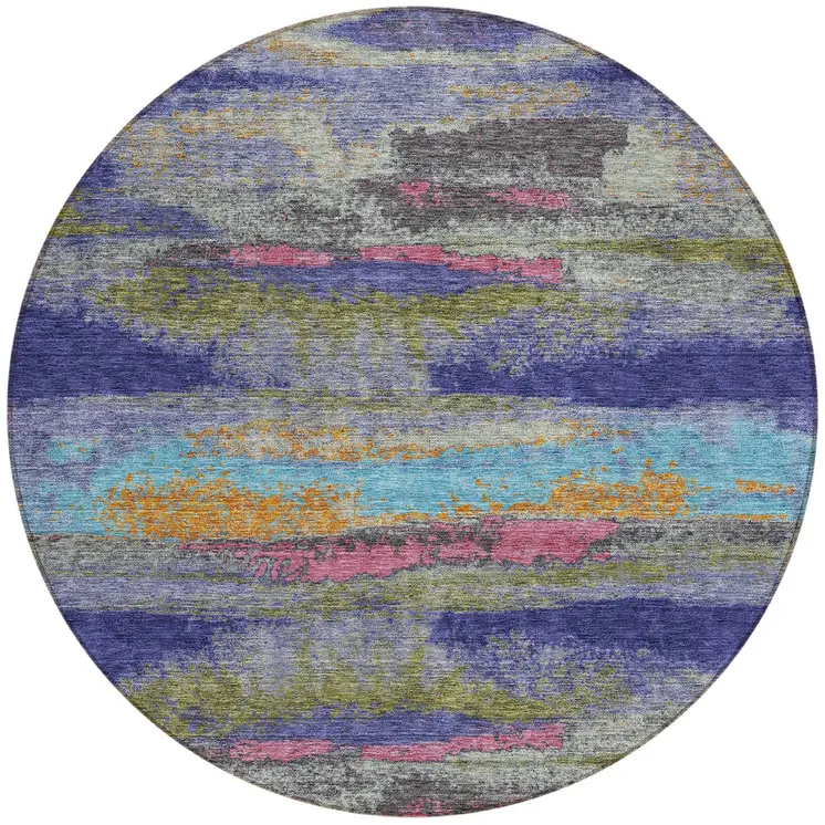 8' Lavender Pink And Blue Round Abstract Washable Indoor Outdoor Area Rug