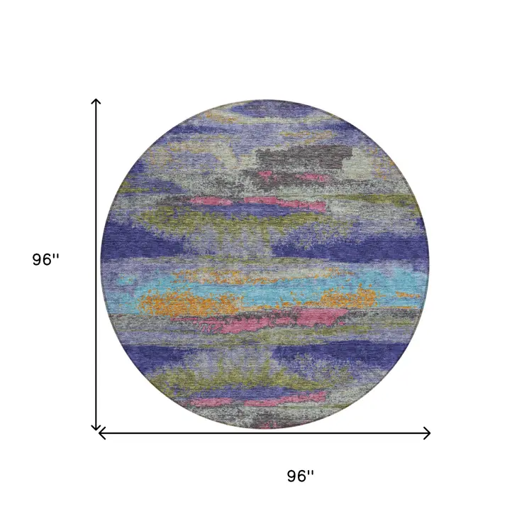 8' Lavender Pink And Blue Round Abstract Washable Indoor Outdoor Area Rug