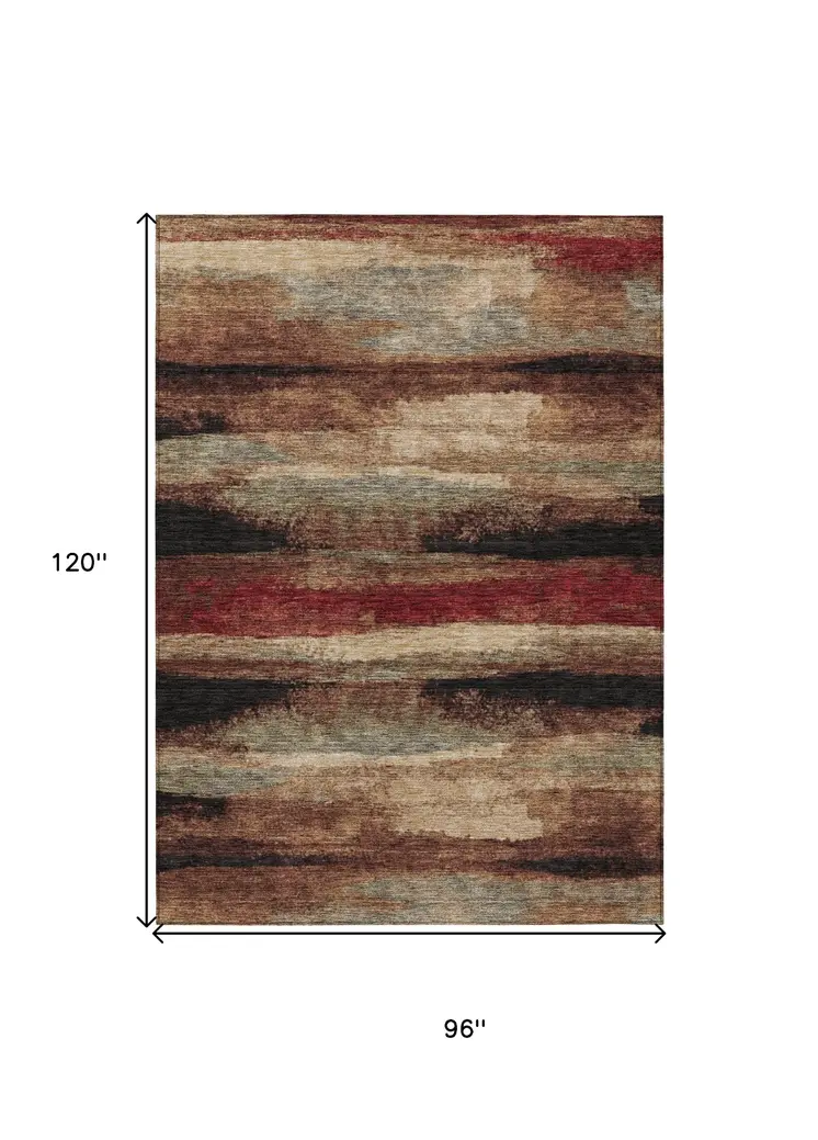 8' X 10' Brown Beige And Burgundy Abstract Washable Indoor Outdoor Area Rug