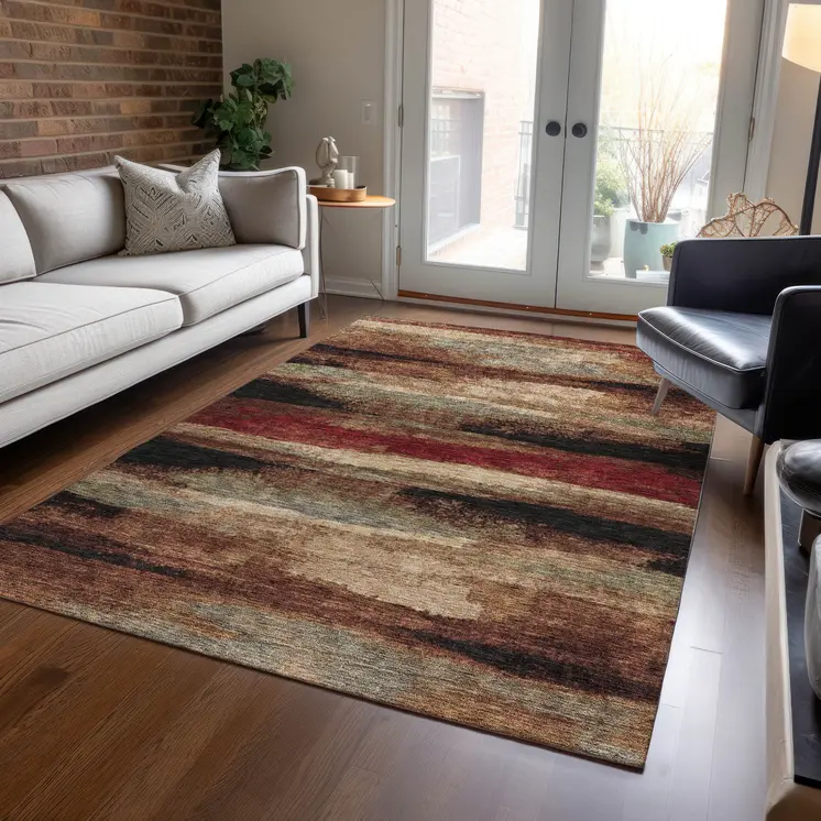 8' X 10' Brown Beige And Burgundy Abstract Washable Indoor Outdoor Area Rug