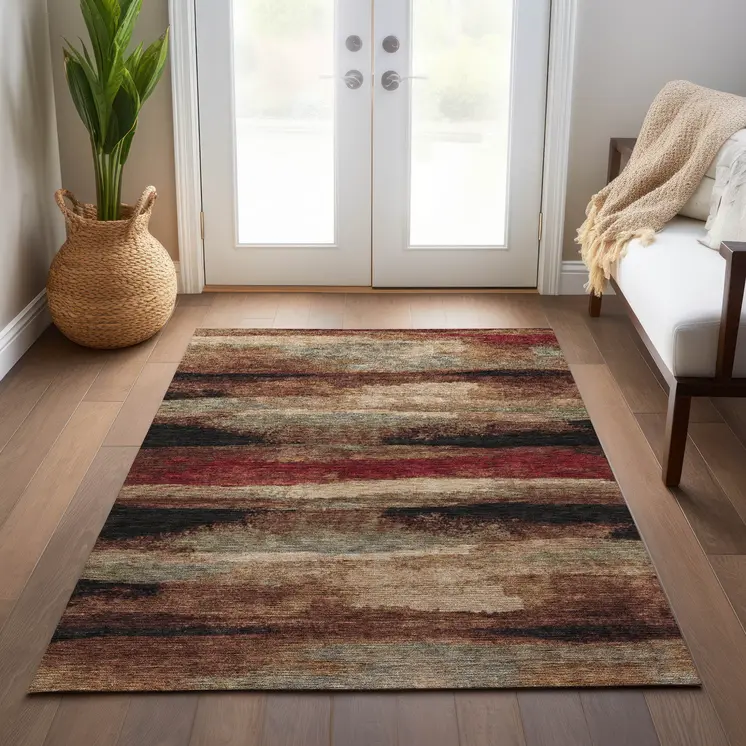 8' X 10' Brown Beige And Burgundy Abstract Washable Indoor Outdoor Area Rug